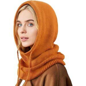 Women Scarf Hat Balaclava Beanie Skull Cap with Drawstring Warm Hat Orange